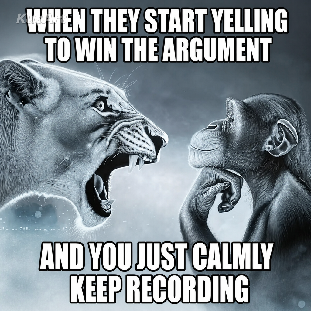 Meme del mono y el león con texto sobre seguir grabando con calma mientras alguien grita para ganar una discusión