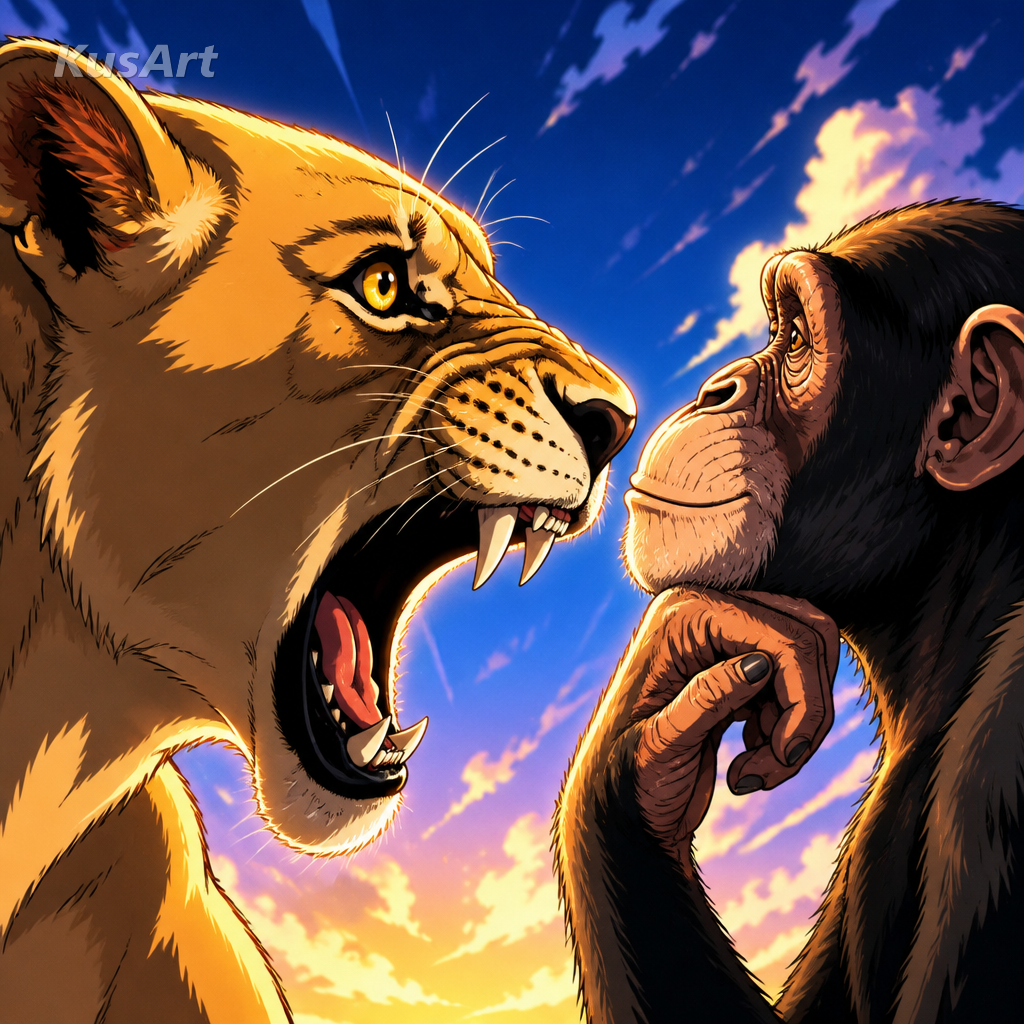 Meme del mono y el león redibujado como ilustración anime con cel shading vivo