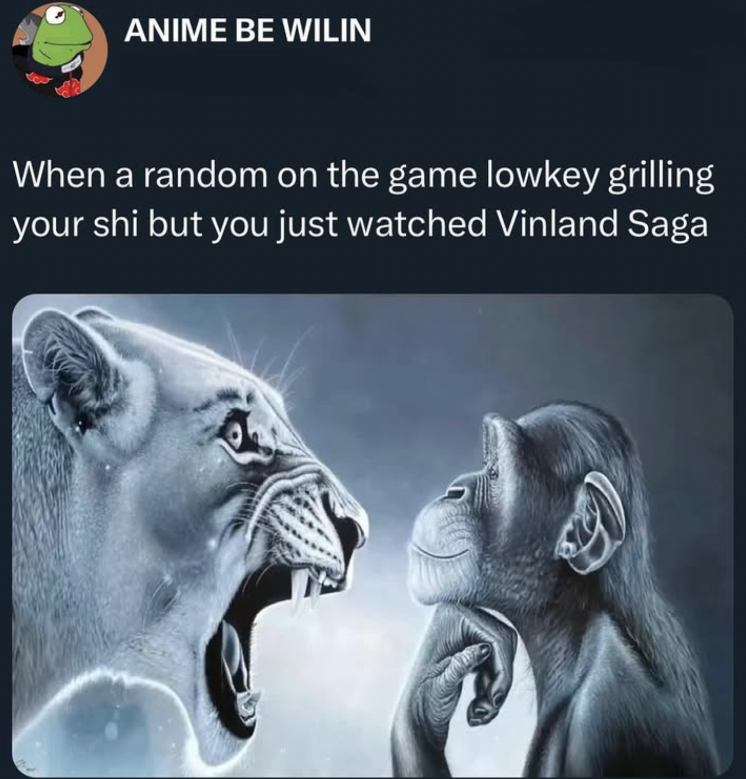Meme del mono y el león con texto sobre quedarse impasible mientras alguien estalla en un videojuego