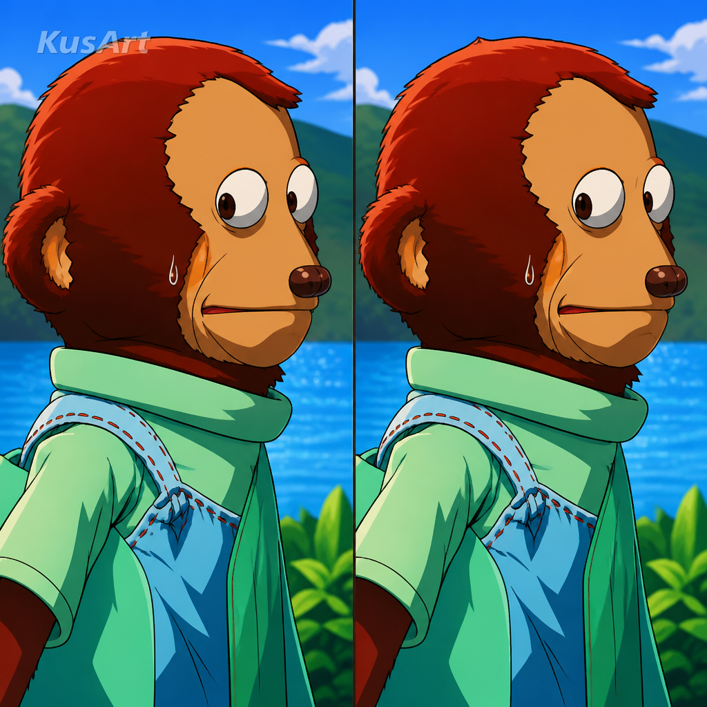 Meme del mono redibujado como ilustración anime con cel shading vivo