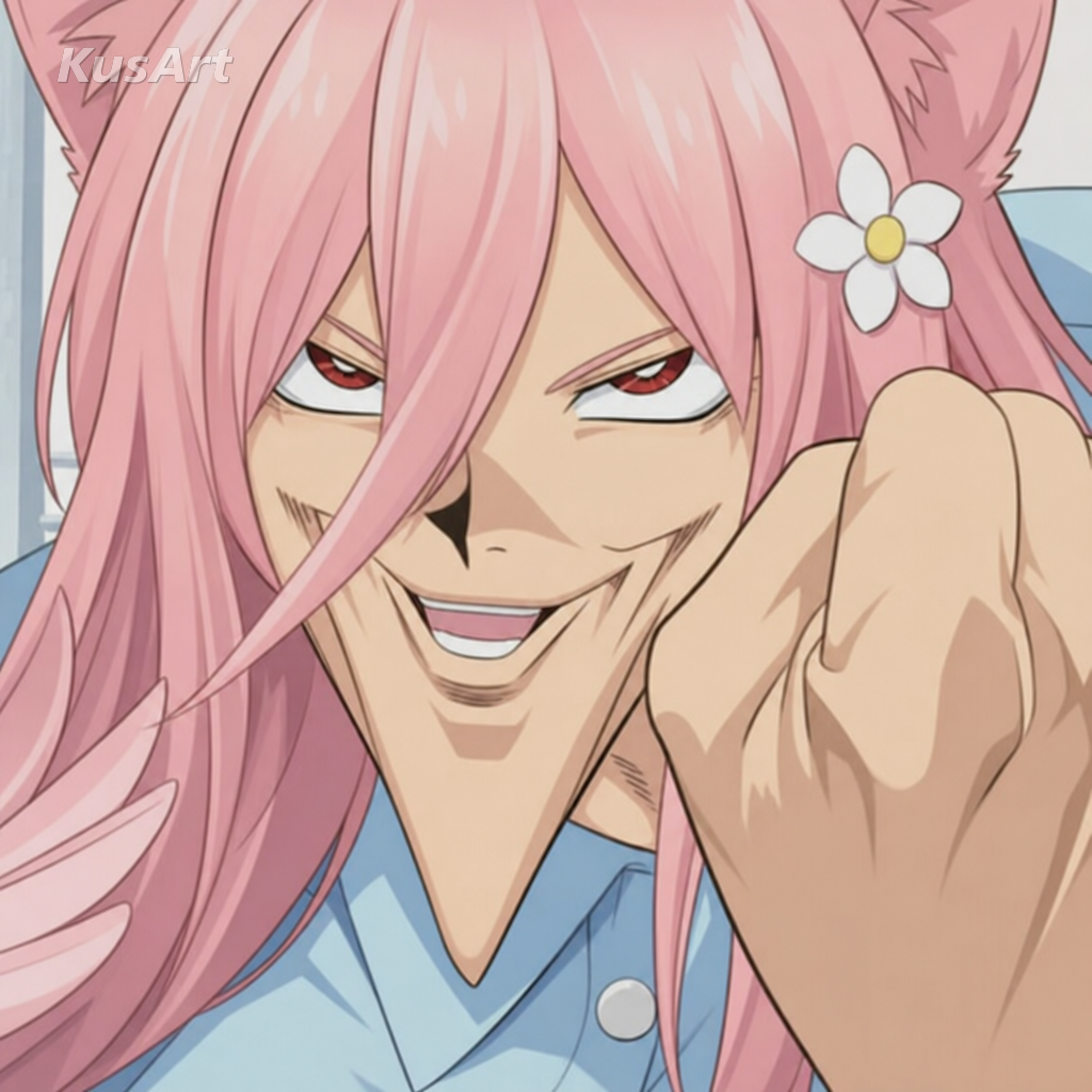 Meme de la barbilla puntiaguda de anime recreado con una chica gato sonriente luciendo una barbilla absurdamente larga y afilada