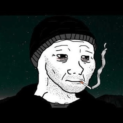 Doomer Wojak con la mirada muerta por dentro perdida en el vacío