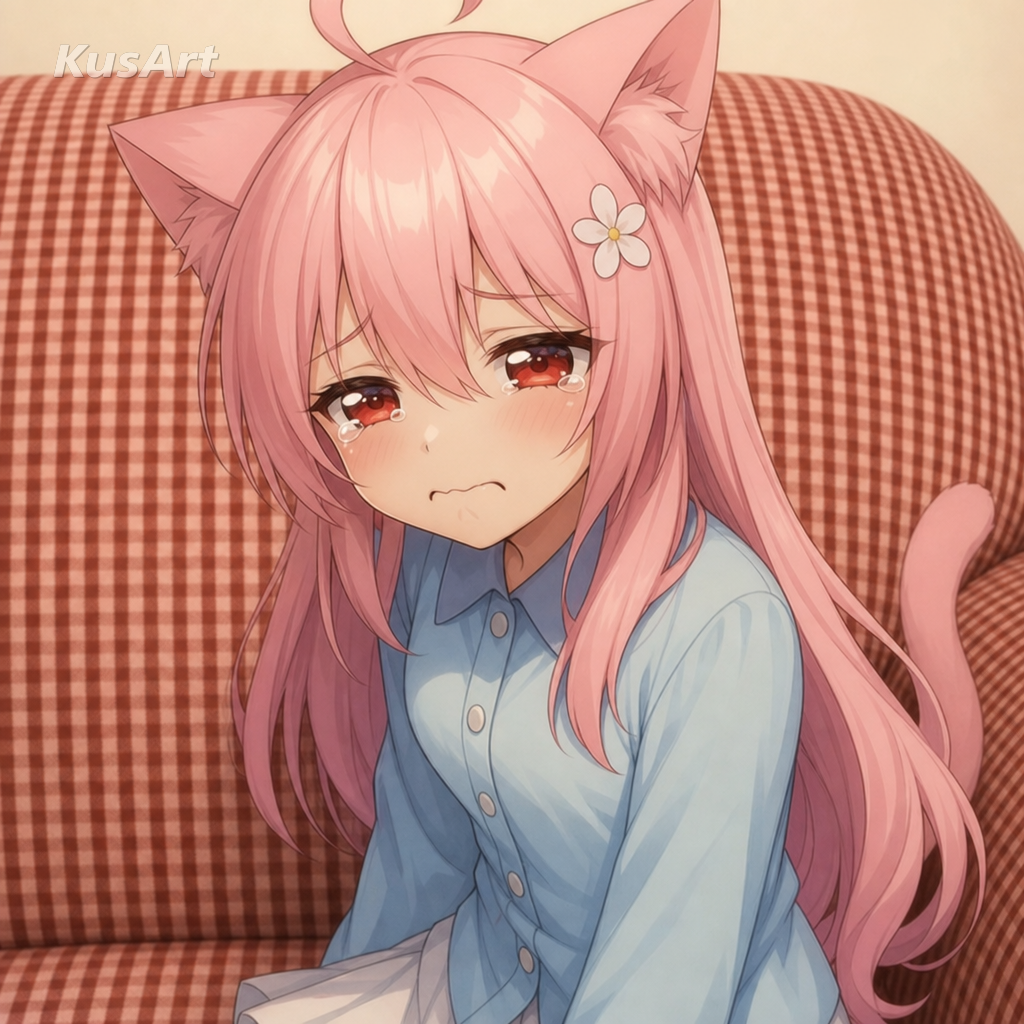 Meme del perro triste recreado con una chica gato de anime con los ojos llorosos y aspecto afligido