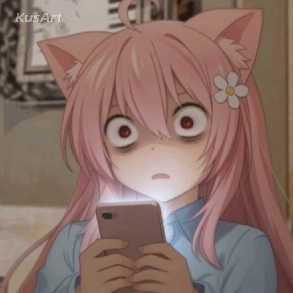 Meme del perro asustado recreado con una chica gato de anime aterrorizada de ojos muy abiertos sosteniendo un móvil