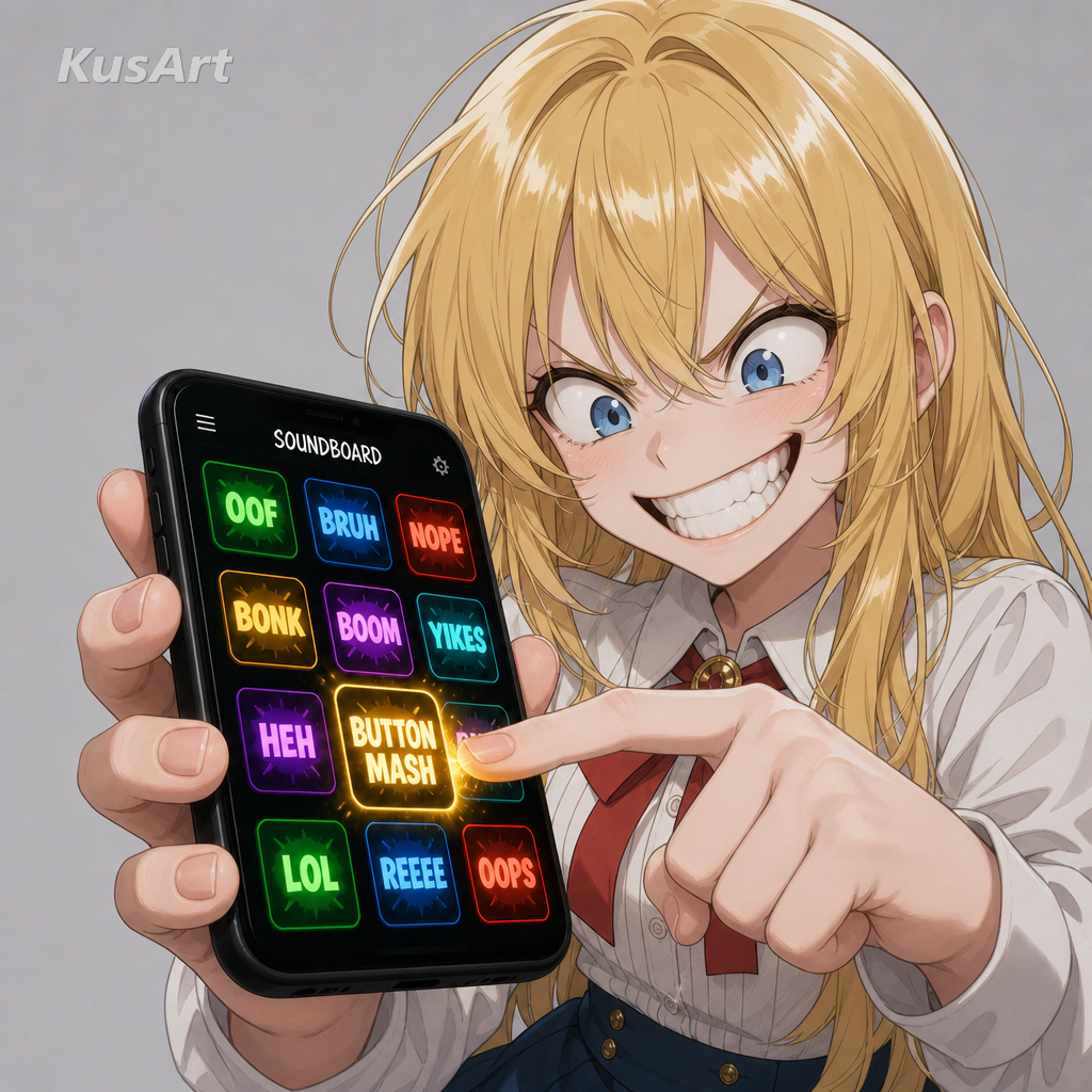 Meme de soundboard recreado con una chica de anime presionando traviesamente botones de efectos de sonido brillantes