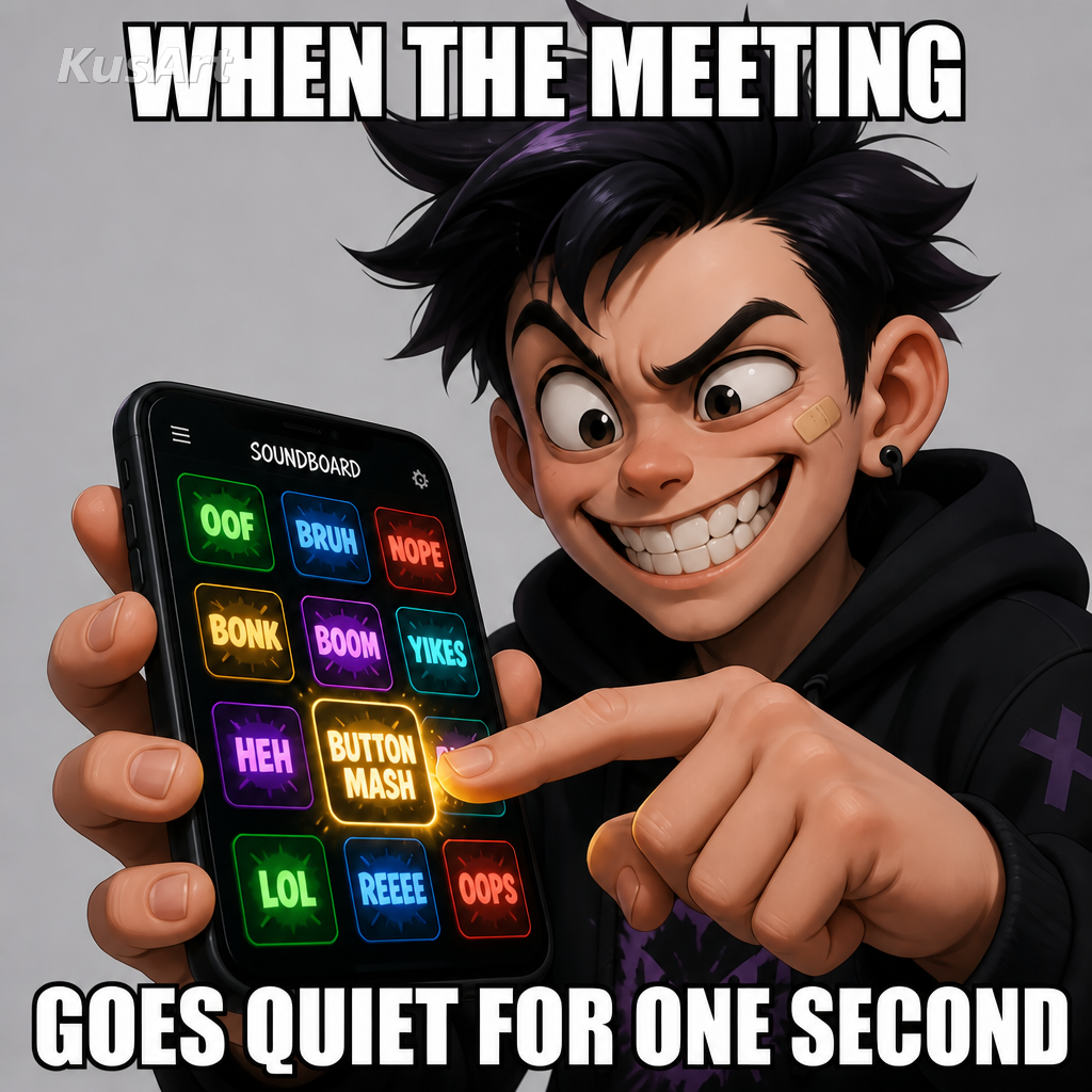 Meme de soundboard con una leyenda sobre el segundo en que una reunión se queda en silencio