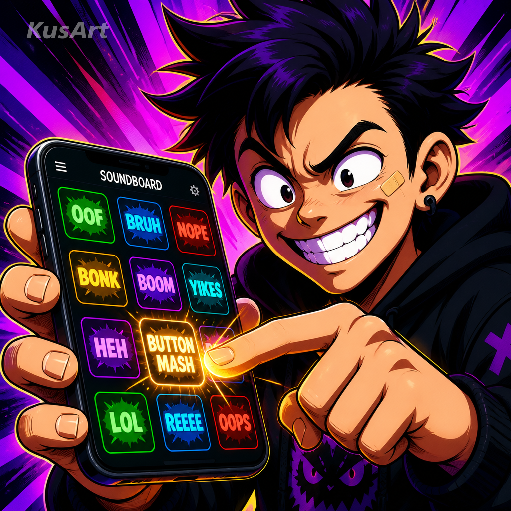 Meme de soundboard redibujado como ilustración anime con cel shading vibrante