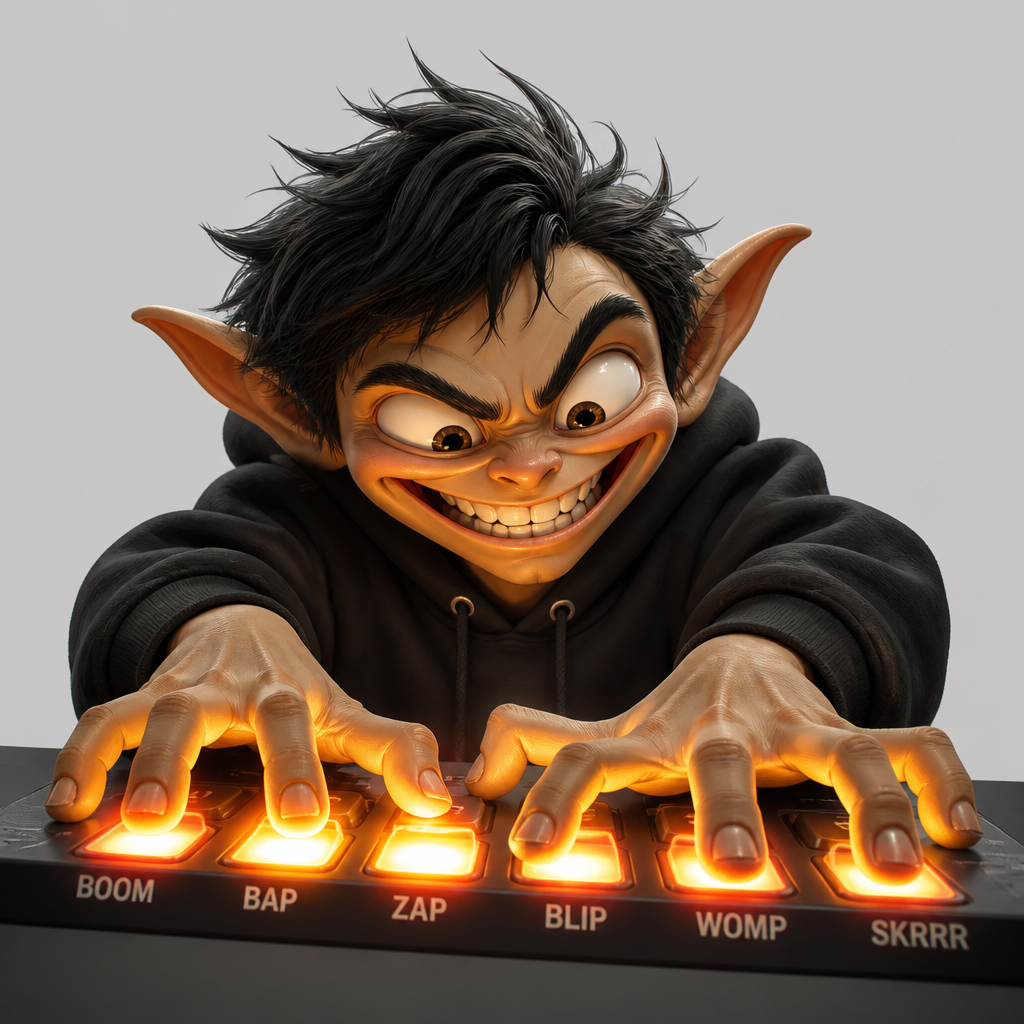 Varios botones de efectos de sonido aporreados a la vez con una risa de diablillo, en el estilo del meme de soundboard