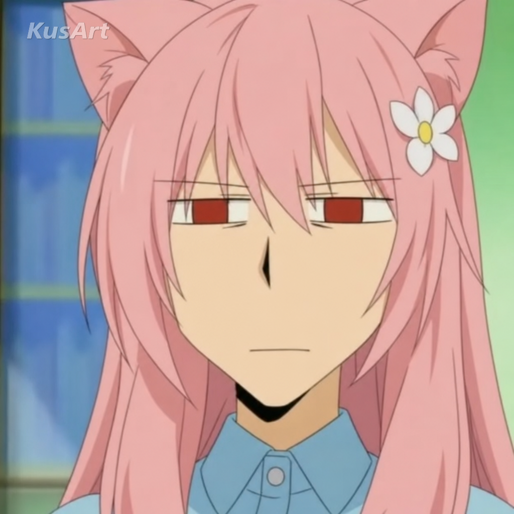 Meme de la cara seria recreado con una chica gato de anime poniendo una mirada plana e impasible