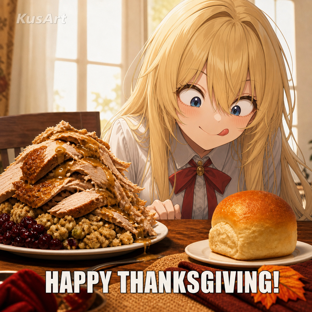 Mème de Thanksgiving recréé avec une fille anime à la table du festin avec une assiette empilée