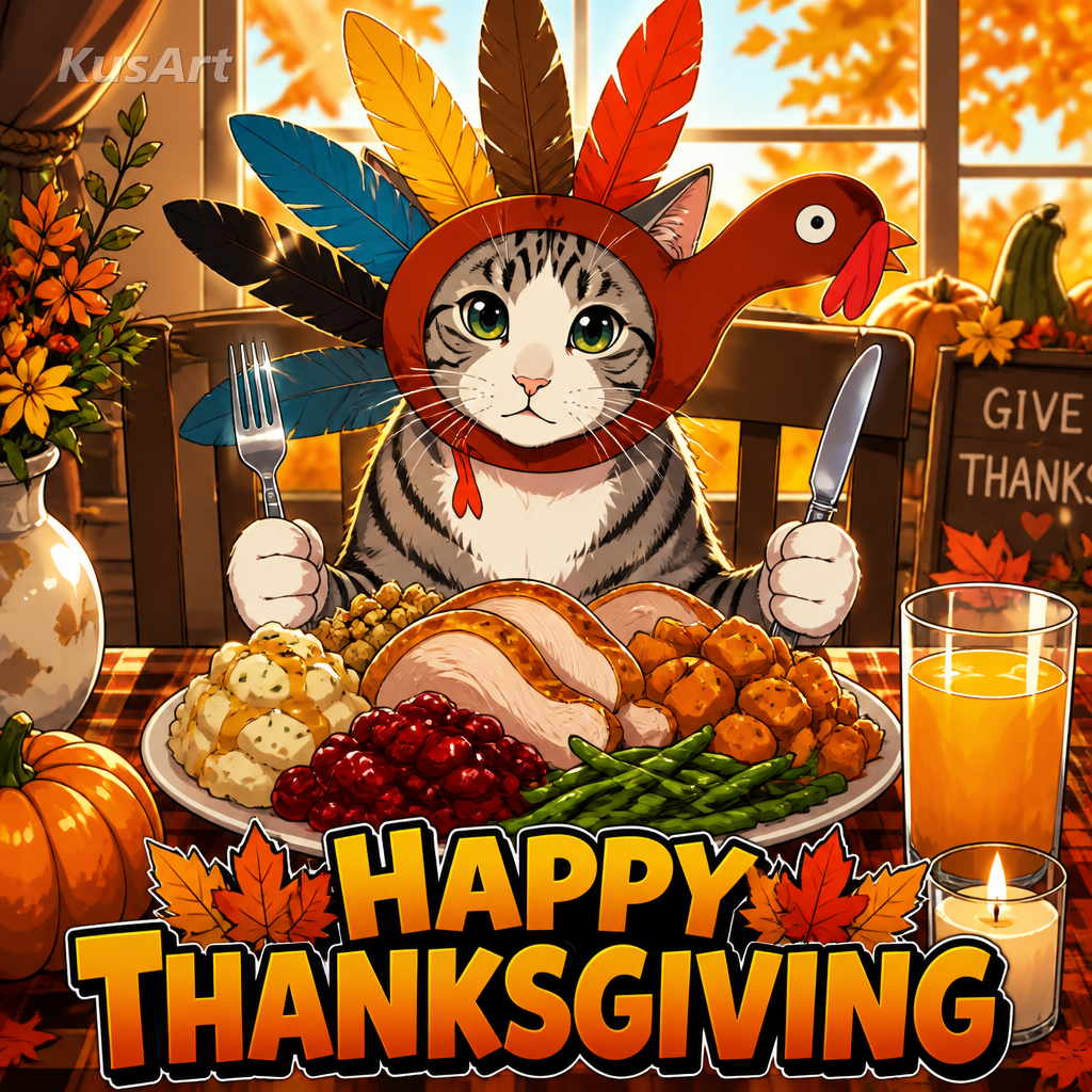 Mème de Thanksgiving redessiné en illustration anime au cel shading éclatant