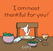 Mème de Thanksgiving d'une dinde de dessin à table disant « I am most thankful for you »