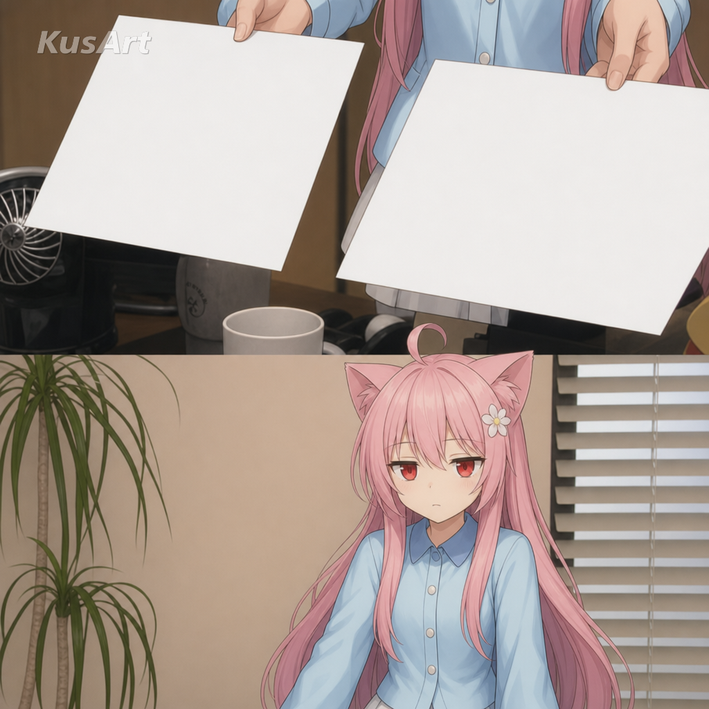 Meme «son la misma foto» recreado con una chica gato de anime sosteniendo dos fotos con cara impasible