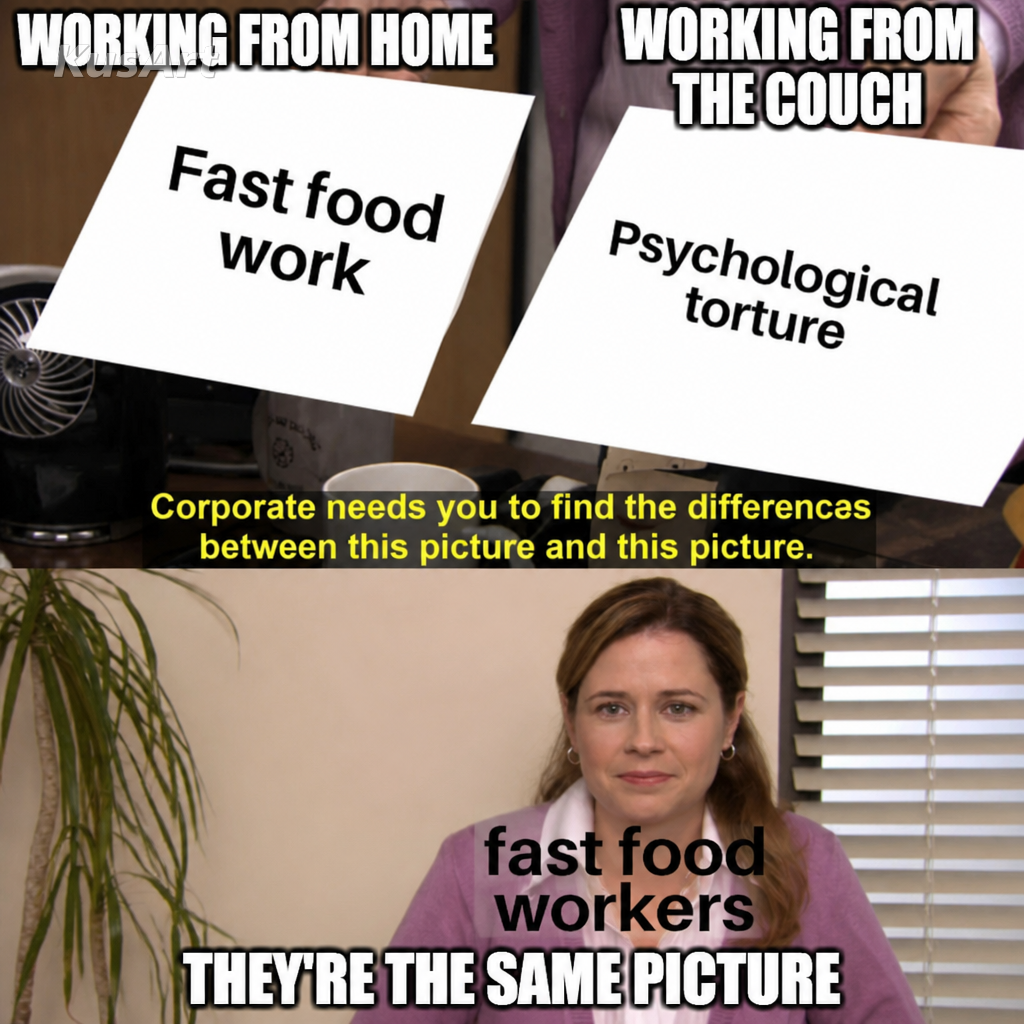 Meme «son la misma foto» con texto sobre trabajar desde casa frente al sofá