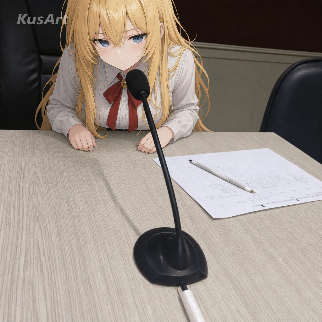 Meme Would recriado com uma garota de anime se inclinando para o microfone com confiança impassível