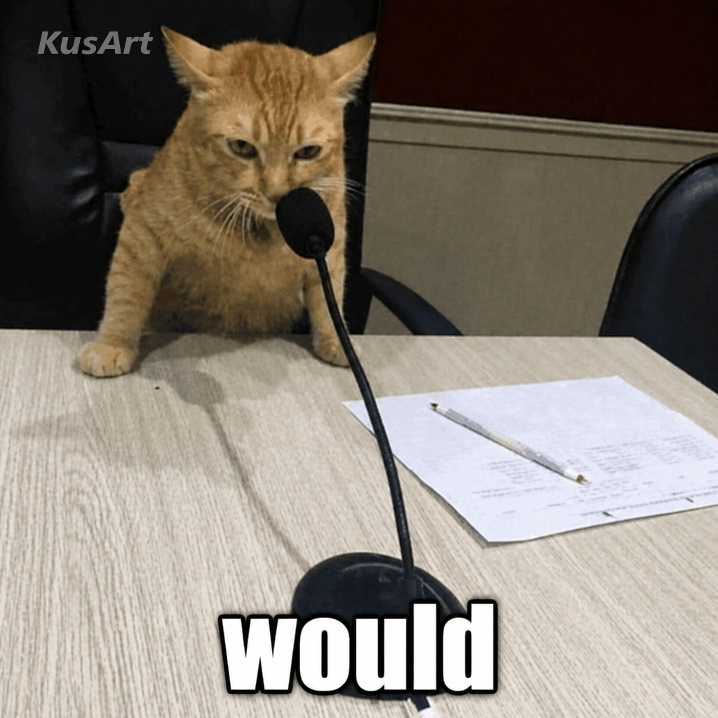 Meme Would legendado com a única palavra icônica would sob o gato impassível no microfone