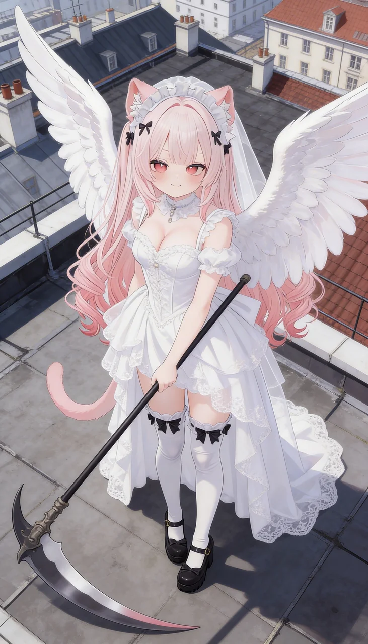 AI character editor multiple edits - wedding dress rooftop wings