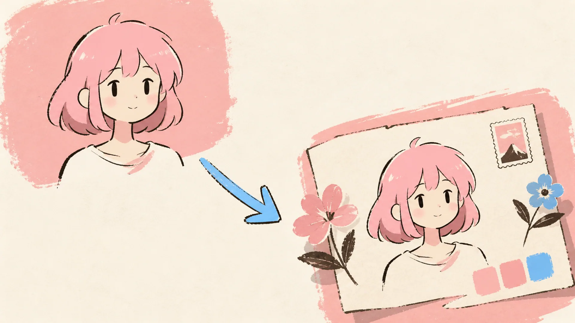 Una forma más tranquila de convertir arte en una tarjeta - Creador IA de postales anime relajantes