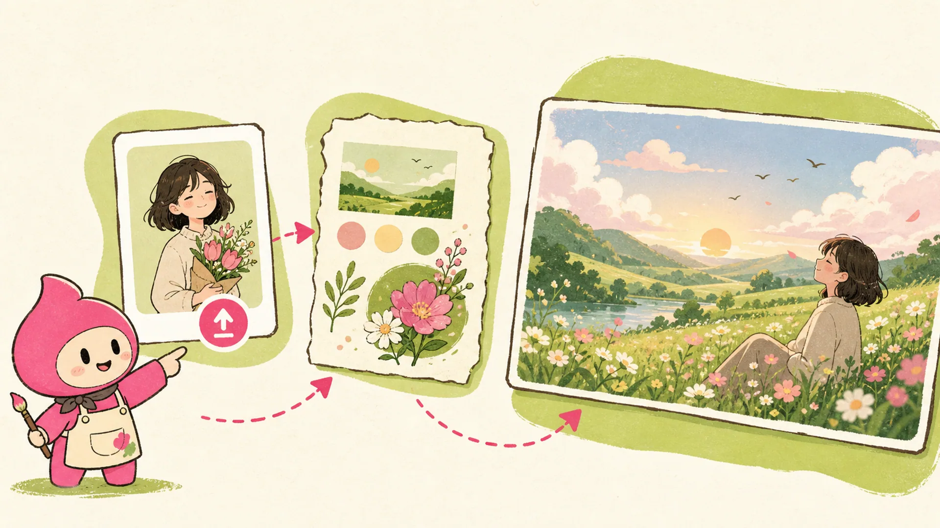 Dónde las tarjetas hechas a mano se estancan - Creador IA de postales anime relajantes
