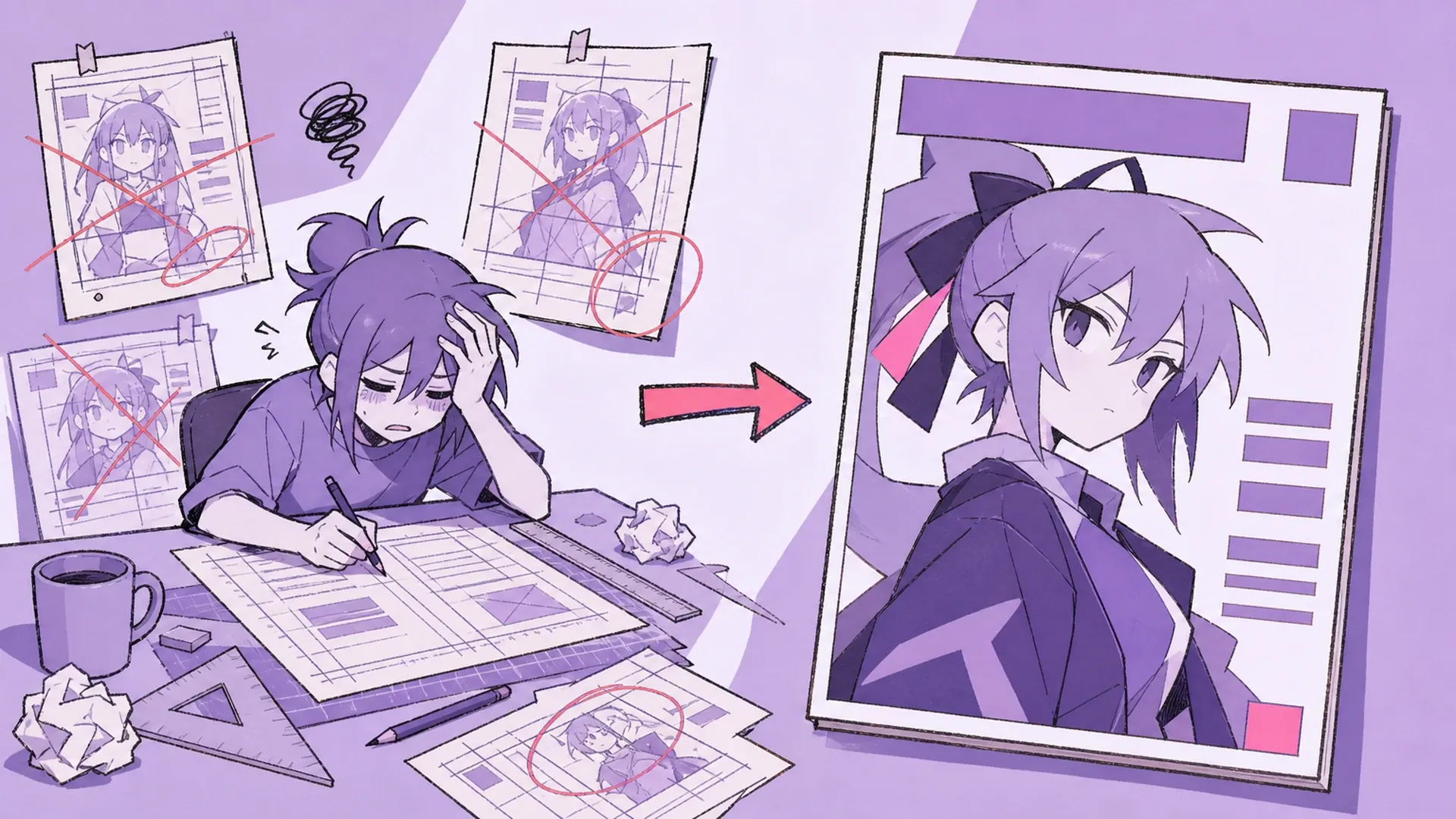 Del arte de personaje suelto a una portada acabada - AI Creador de Portadas de Revista Anime