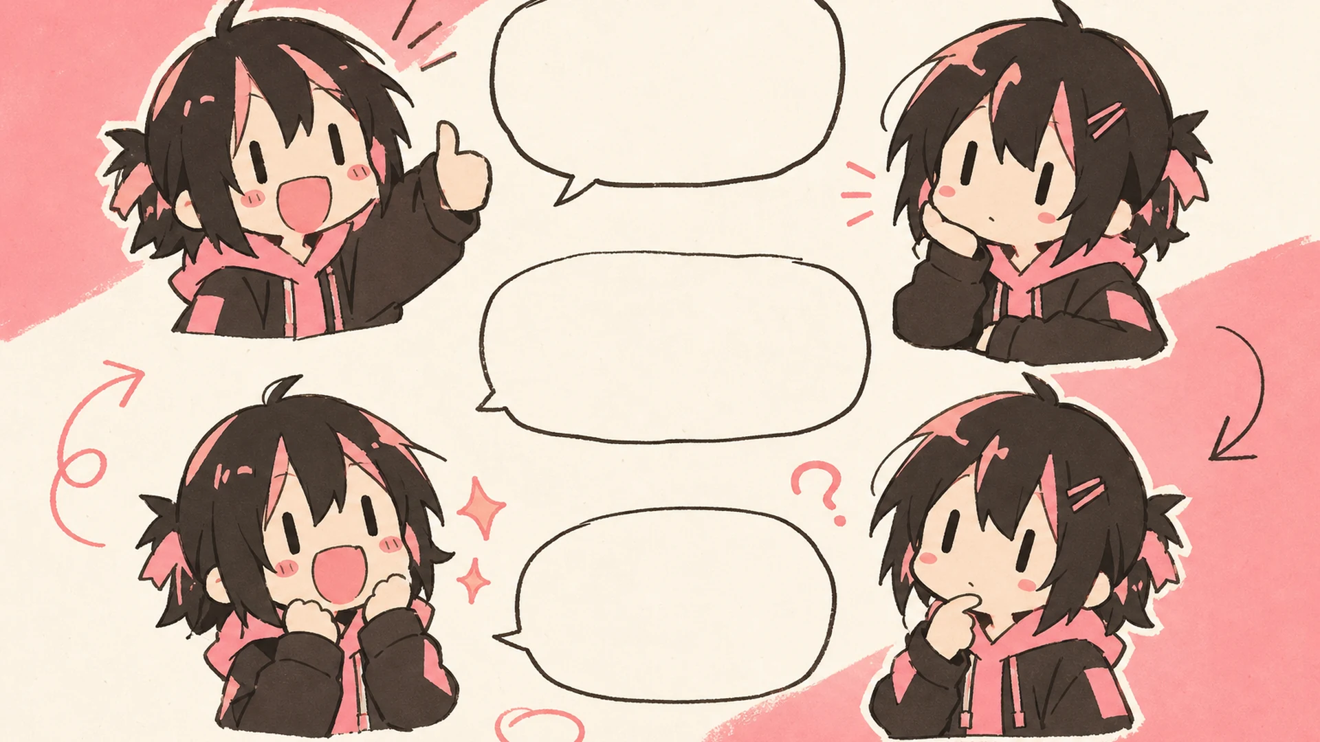 Create a 16:9 landscape KusArt use-case illustration for chat stickers with absolutely no letters, numbers, words, sound effects, title, subtitle, labels, dialogue, watermark, or decorative pseudo-text. Arrange one consistent pink-haired chibi mascot across the horizontal canvas in four clear happy, surprised, cheering, and sleepy reactions around a simple empty message-bubble motif. Express sleep only through closed eyes, pillow, and a small crescent-moon icon—never use Z marks or any typographic symbol. Keep every face and silhouette inside the central safe area and readable at small size. Clean modern Niji anime style, crisp bold lineart, soft cel shading, warm-white minimal background, #ff4fa3 accents and one small sky-blue detail, no photorealism, 3D, thick paint, neon, deep purple, clutter, harsh shadow, gibberish text, or extra characters.