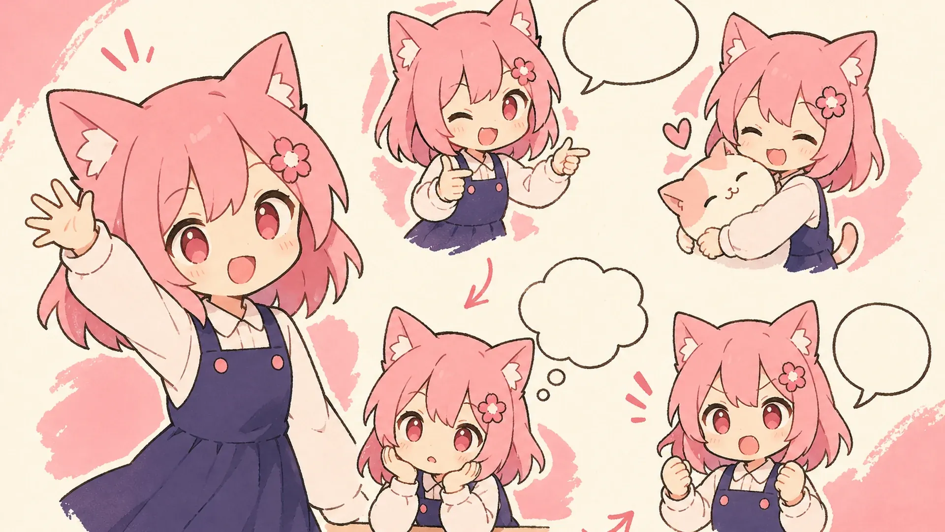 Create a 16:9 landscape KusArt use-case illustration for personal gifts with no title, subtitle, paragraph, body copy, labels, dialogue, watermark, or decorative pseudo-text. Compose a cheerful pink-haired chibi mascot on the left presenting a wide gift card on the right decorated with coordinated reaction stickers, hearts, flowers, and one tiny pet motif; keep the mascot, hands, card, and decorative stickers inside the central safe area. Clean modern Niji anime style, crisp bold lineart, soft cel shading, warm-white and pale-pink minimal background, #ff4fa3 accents and one small sky-blue detail, no photorealism, 3D, thick paint, neon, deep purple, clutter, harsh shadow, gibberish text, or extra characters.