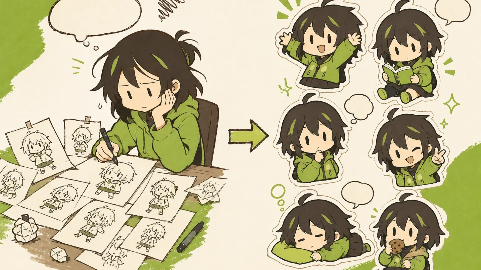 Create a 16:9 KusArt SEO visual band with no title, subtitle, paragraph, body copy, watermark, labels, or decorative pseudo-text. Use the approved 40/60 composite layout: the fixed pink-haired anime mascot holds a stylus beside a compact icon-only one-character-to-many-reactions workflow on the left; on the right, a large rounded white card turns one avatar portrait into a clean sticker grid with varied poses, expressive faces, consistent outlines, palette, spacing, and outfit details. Clean modern Niji anime style, clean lineart, soft cel shading, warm-white and cream background, #ff4fa3 accent arrows, one small sky-blue highlight, no photorealism, 3D, thick paint, neon, deep purple, clutter, harsh shadow, inconsistent identity, or gibberish text.