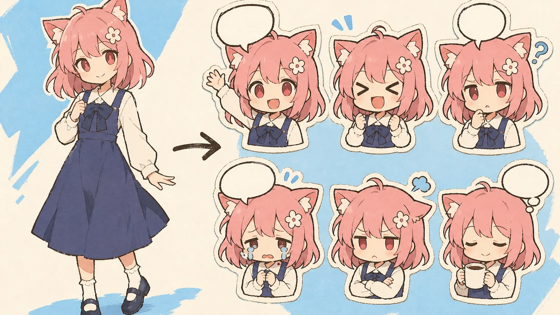 Create a 16:9 KusArt SEO visual band with no title, subtitle, paragraph, body copy, watermark, labels, or decorative pseudo-text. Use the approved 40/60 composite layout: the fixed pink-haired, red-eyed anime mascot with a flower hair clip waves beside icon-only pastel emotion and prop chips on the left; a large rounded white card on the right shows a coordinated grid of six to twelve chibi stickers with happy, angry, crying, surprised, sleepy, and cheering poses, clear separation, and consistent identity. Clean modern Niji anime style, crisp lineart, soft cel shading, cream and pale-pink background, #ff4fa3 accents, one small sky-blue accent, generous whitespace, no photorealism, 3D, thick paint, neon, deep purple, clutter, harsh shadow, extra characters, or gibberish text.