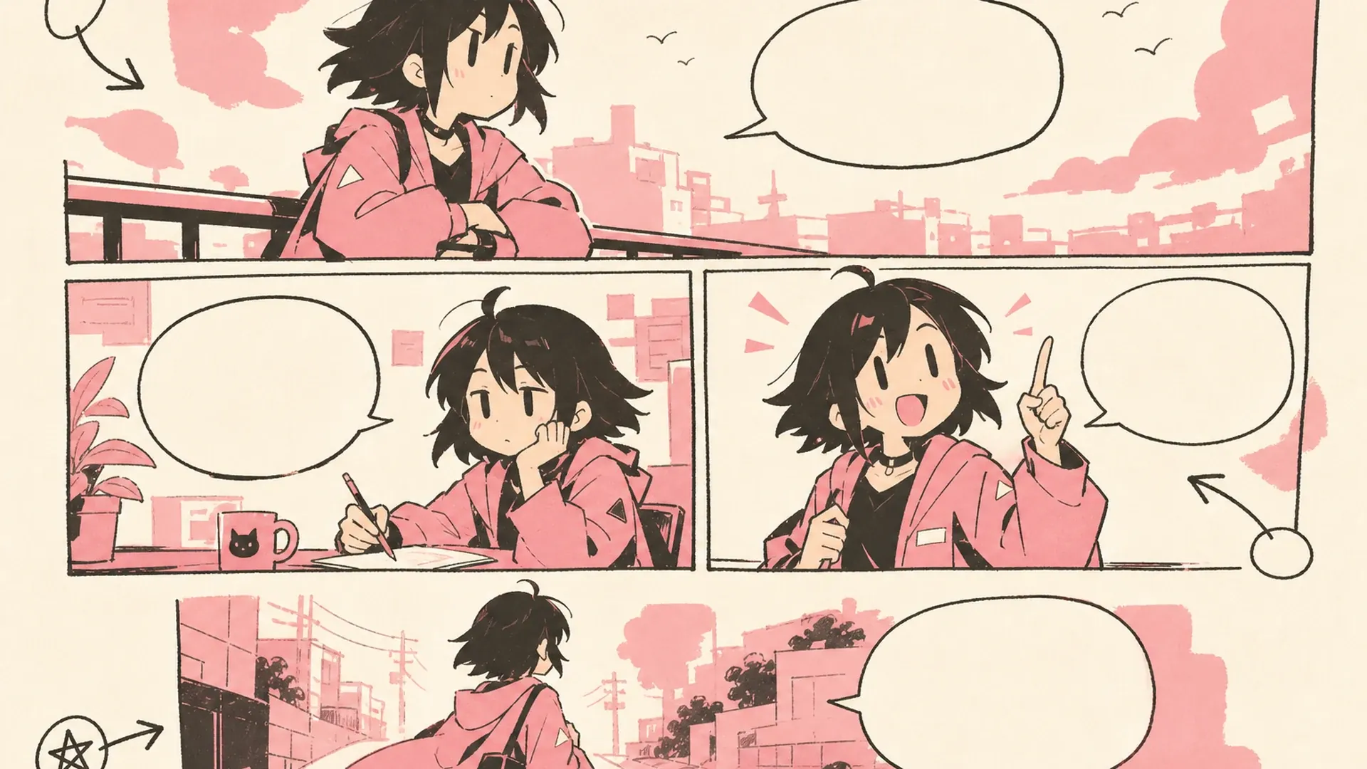 Create a 16:9 landscape KusArt use-case illustration for webcomic drafts with no title, subtitle, paragraph, body copy, labels, dialogue, watermark, or decorative pseudo-text. Place a pink-haired manga creator on the left comparing thumbnail panels, while a clean multi-panel page draft and episode-beat variations spread across the right; keep the face, hands, thumbnails, and final draft inside the central safe area. Clean modern Niji manga style, crisp lineart, soft screentone, warm-white minimal desk background, #ff4fa3 accents and one small sky-blue detail, no photorealism, 3D, thick paint, neon, deep purple, clutter, harsh shadow, gibberish text, or extra characters.