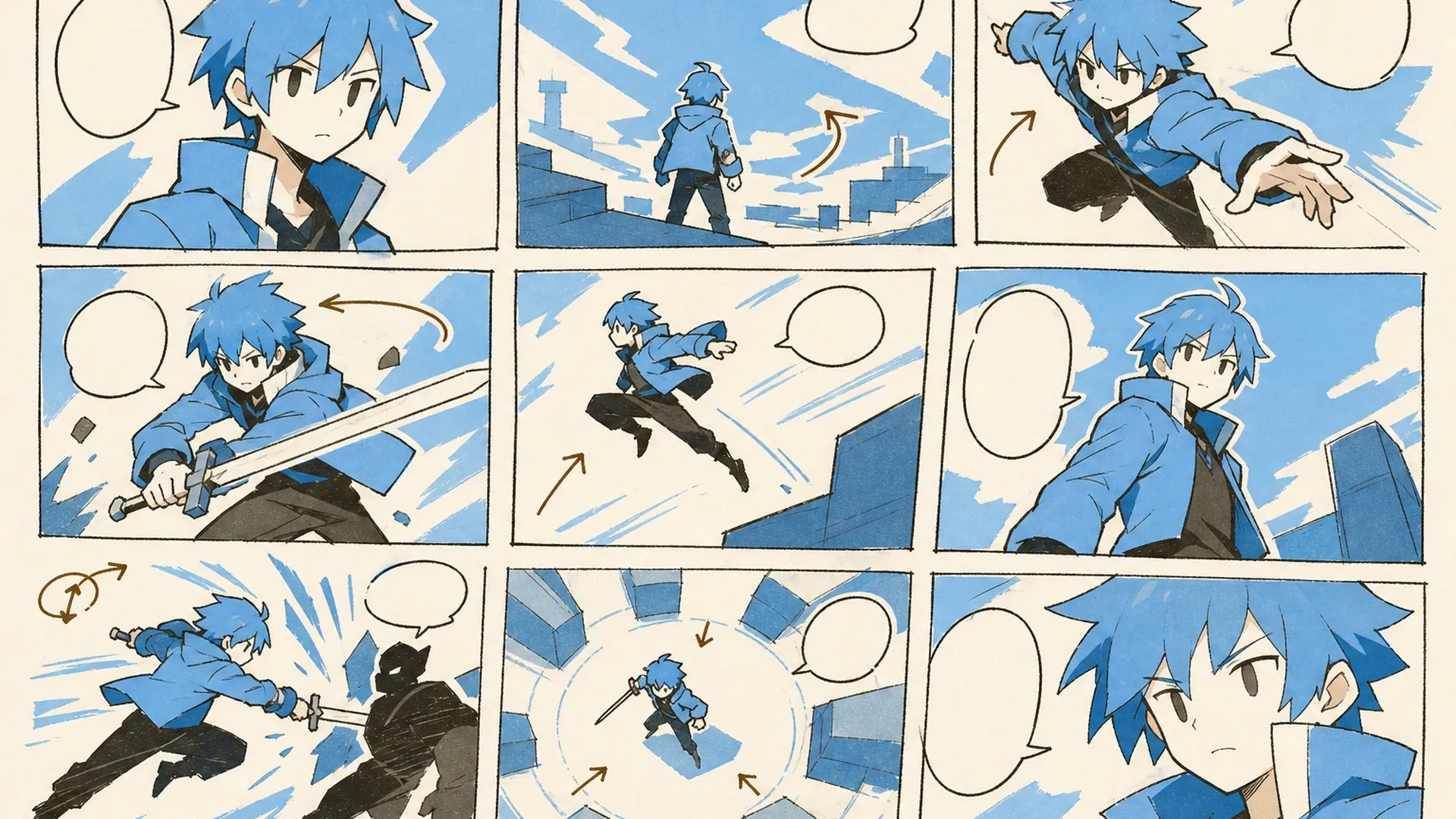 Create a 16:9 landscape KusArt use-case illustration for storyboards with no title, subtitle, paragraph, body copy, labels, dialogue, watermark, or decorative pseudo-text. Compose a pink-haired anime director on the left arranging three wide visual panels across the right that show action, camera angles, blocking, and an emotional transition using simple arrows and wordless thumbnails; keep all essential panels inside the central safe area. Clean modern Niji manga style, crisp lineart, soft cel shading and screentone, pale cream minimal studio background, #ff4fa3 accents and one sky-blue detail, no photorealism, 3D, thick paint, neon, deep purple, clutter, harsh shadow, gibberish text, or extra characters.