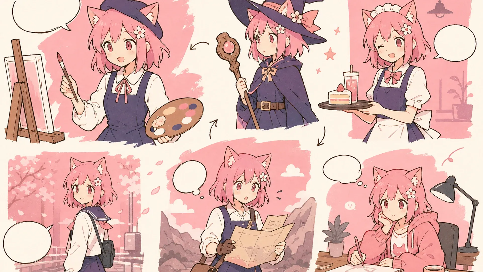 Create a 16:9 landscape KusArt use-case illustration for manga concept exploration with no title, subtitle, paragraph, body copy, labels, dialogue, watermark, or decorative pseudo-text. Compose a pink-haired anime artist on the left comparing four wordless genre variations across the right—action, romance, comedy, and mystery—while preserving one heroine's face, hair, and outfit; keep every variation inside the central safe area. Clean modern Niji manga style, crisp lineart, soft cel shading and screentone, warm-white minimal pastel workspace, #ff4fa3 accents and one small sky-blue detail, no photorealism, 3D, thick paint, neon, deep purple, clutter, harsh shadow, gibberish text, or extra characters.