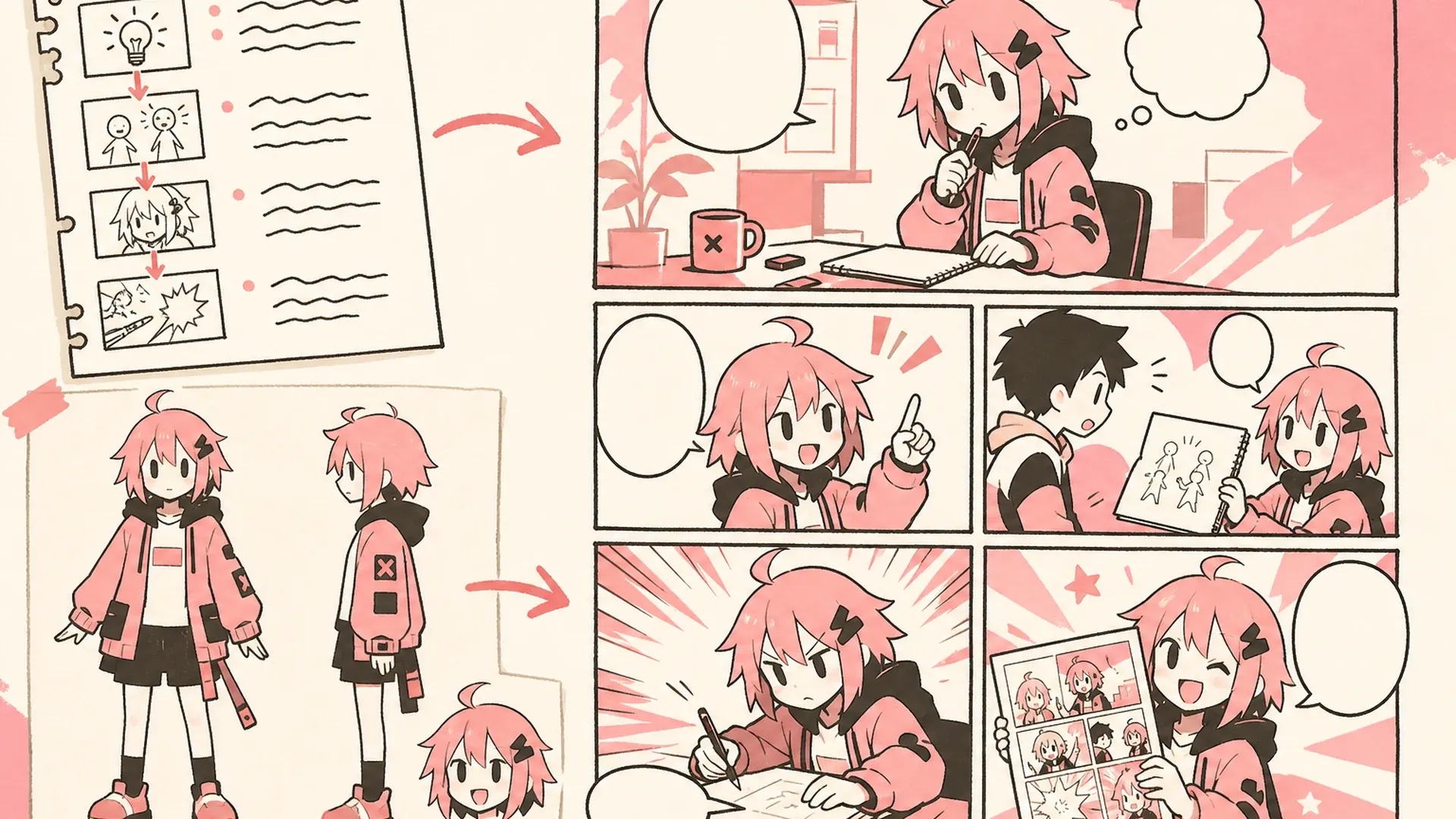 Create a 16:9 KusArt SEO visual band with no title, subtitle, paragraph, body copy, watermark, labels, dialogue, or decorative pseudo-text. Use the approved 40/60 composite layout: the fixed pink-haired anime mascot explains three icon-only pastel prompt, reference, and layout chips on the left; the right side contains a large rounded white card with a coherent multi-panel manga page, clear reading order, recurring character identity, varied reactions, and clean panel borders. Clean modern Niji manga style, crisp black ink, soft screentone and cel shading, warm-white background, #ff4fa3 accent marks and one sky-blue detail, uncluttered editorial spacing, no photorealism, 3D, thick paint, neon, deep purple, harsh shadows, or gibberish lettering.