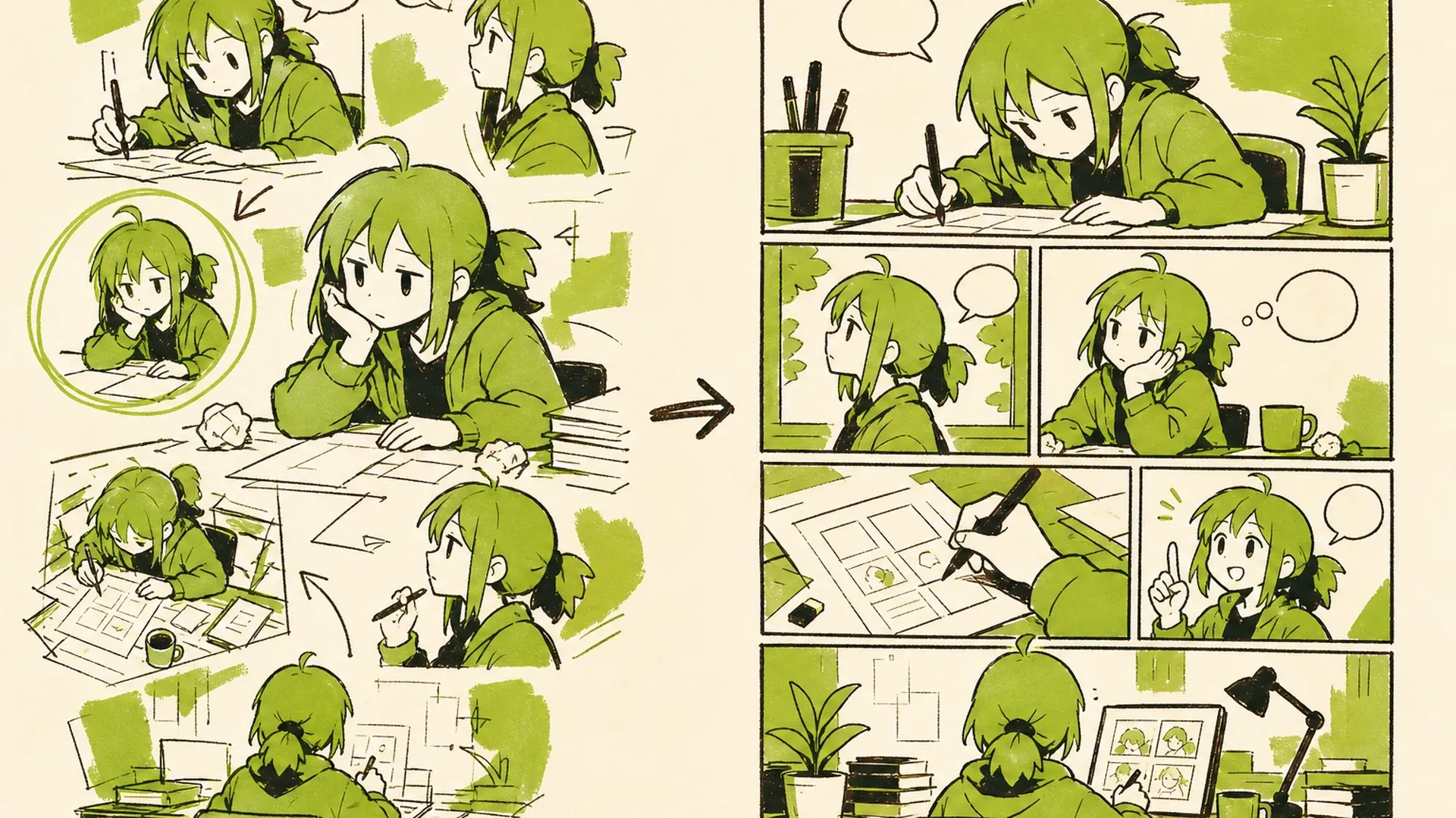 Create a 16:9 KusArt SEO visual band with no title, subtitle, paragraph, body copy, watermark, labels, dialogue, or decorative pseudo-text. Use the approved 40/60 composite layout: the fixed pink-haired anime mascot holds a pencil beside small icon-only pastel timing and camera chips on the left; on the right, a large rounded white card transforms a rough scene beat into a clean three-to-four-panel manga draft with obvious reading flow and recurring character continuity. Clean modern Niji manga style, crisp ink lineart, soft screentone, warm-white and pale-cream background, #ff4fa3 accent arrows, one small sky-blue detail, no photorealism, 3D, thick paint, neon, deep purple, clutter, harsh shadow, or gibberish dialogue.