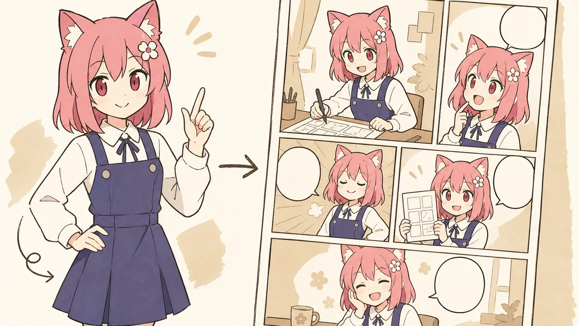 Create a 16:9 KusArt SEO visual band with no title, subtitle, paragraph, body copy, watermark, labels, dialogue, or decorative pseudo-text. Follow the approved 40/60 composite template: the fixed pink-haired mascot points along a simple icon-only three-step story flow on the left, while a large rounded white card on the right shows the same manga heroine consistently across a wide establishing panel, medium action panel, and expressive close-up. Clean modern Niji manga style, crisp lineart, soft screentone, pale warm-white background, #ff4fa3 arrows and accents, one small sky-blue detail, generous whitespace, no photorealism, 3D, thick paint, neon, deep purple, clutter, harsh shadow, off-model faces, extra characters, or gibberish text.