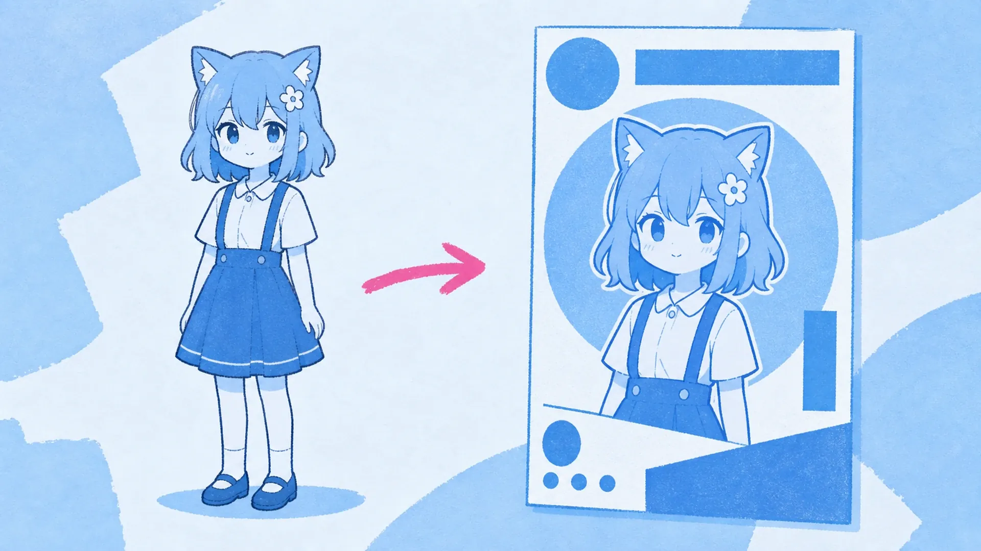 Un OC, una declaración en azul - AI Creador de Pósters Anime Monocromo Azul