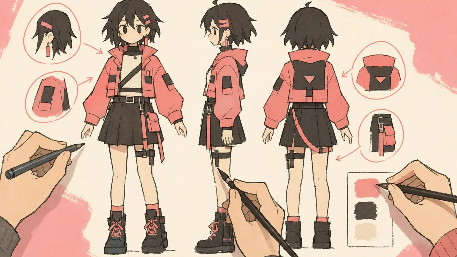 Create a 16:9 landscape KusArt use-case illustration for manga production with no title, subtitle, paragraph, body copy, labels, dialogue, watermark, or decorative pseudo-text. Compose a pink-haired anime creator on the left comparing a clean character turnaround sheet while the right side shows the same character being sketched into a manga panel; keep the face, hands, sheet, and manga result inside the central safe area. Clean modern Niji anime style, crisp lineart, soft cel shading, warm-white minimal studio background, #ff4fa3 accents and one small sky-blue detail, no photorealism, 3D, thick paint, neon, deep purple, clutter, harsh shadow, gibberish text, or extra characters.