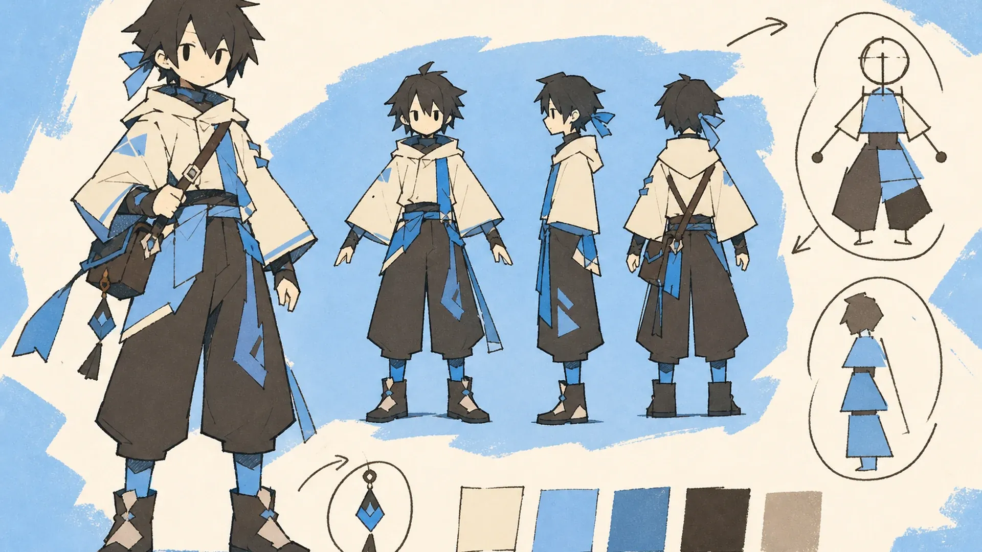 Create a 16:9 landscape KusArt use-case illustration for game development with no title, subtitle, paragraph, body copy, labels, watermark, or decorative pseudo-text. Compose a pink-haired anime designer on the left presenting a clean character sheet, with a simplified sprite plan, model-planning silhouette, palette, and signature props arranged across the right; keep all essential design cues inside the central safe area. Clean modern Niji anime style, crisp lineart, soft cel shading, pale cream minimal studio background, #ff4fa3 accents and one small sky-blue detail, no photorealism, finished 3D rendering, thick paint, neon, deep purple, clutter, harsh shadow, gibberish text, or extra characters.