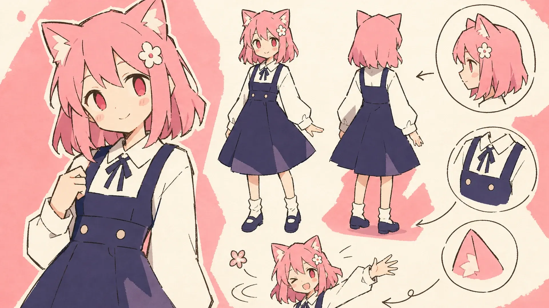 Create a 16:9 landscape KusArt use-case illustration for original-character sharing with no title, subtitle, paragraph, body copy, labels, watermark, or decorative pseudo-text. Compose a cheerful pink-haired anime creator on the left handing off a polished wide OC reference sheet on the right with turnaround views, expression studies, palette swatches, and signature accessories; keep the creator and all core sheet details inside the central safe area. Clean modern Niji anime style, crisp lineart, soft cel shading, warm-white and pale-pink minimal background, #ff4fa3 accents and one small sky-blue detail, no photorealism, 3D, thick paint, neon, deep purple, clutter, harsh shadow, gibberish text, or extra characters.