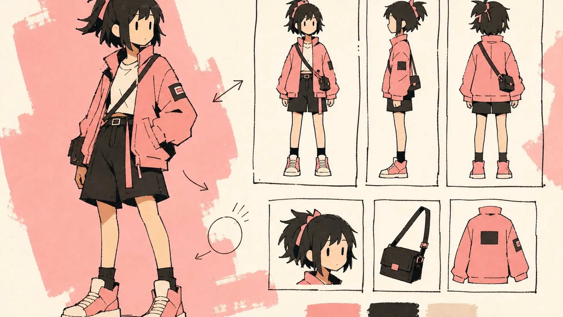 Create a 16:9 KusArt SEO visual band with no title, subtitle, paragraph, body copy, watermark, labels, or decorative pseudo-text. Use the approved 40/60 composite layout: the fixed pink-haired, red-eyed anime mascot with a flower hair clip explains three small icon-only pastel reference chips on the left, and a floating rounded white product card on the right displays one recognizable anime character repeated across organized turnaround views and expression callouts. Clean modern Niji anime style, crisp lineart, soft cel shading, soft frontal light, warm-white and light-pink background, #ff4fa3 accents with one sky-blue detail, editorial whitespace, no photorealism, 3D, thick paint, neon, deep purple, clutter, harsh shadow, off-model characters, or gibberish text.