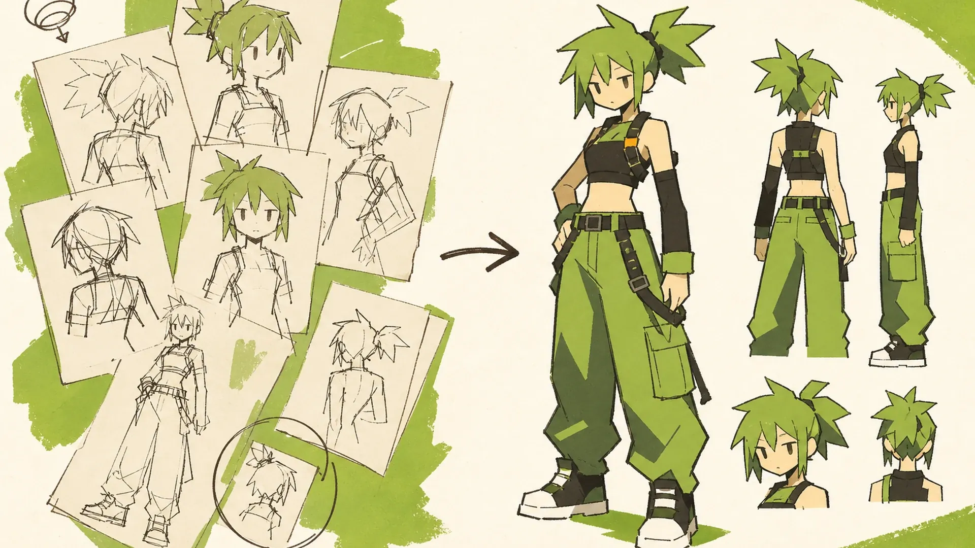 Create a 16:9 KusArt SEO visual band with no title, subtitle, paragraph, body copy, watermark, labels, or decorative pseudo-text. Use the approved 40/60 composite layout: the fixed pink-haired, red-eyed anime mascot holds a pencil beside a compact icon-only before-to-after workflow on the left, while a large rounded white card on the right transforms one finished character illustration into an organized sheet of coordinated angles, expressions, palette swatches, and accessory close-ups. Clean modern Niji anime style, clean lineart, soft cel shading, warm-white and cream background, #ff4fa3 accent arrows, one small sky-blue highlight, generous whitespace, no photorealism, 3D, thick paint, neon, deep purple, clutter, harsh shadow, inconsistent identity, or gibberish text.