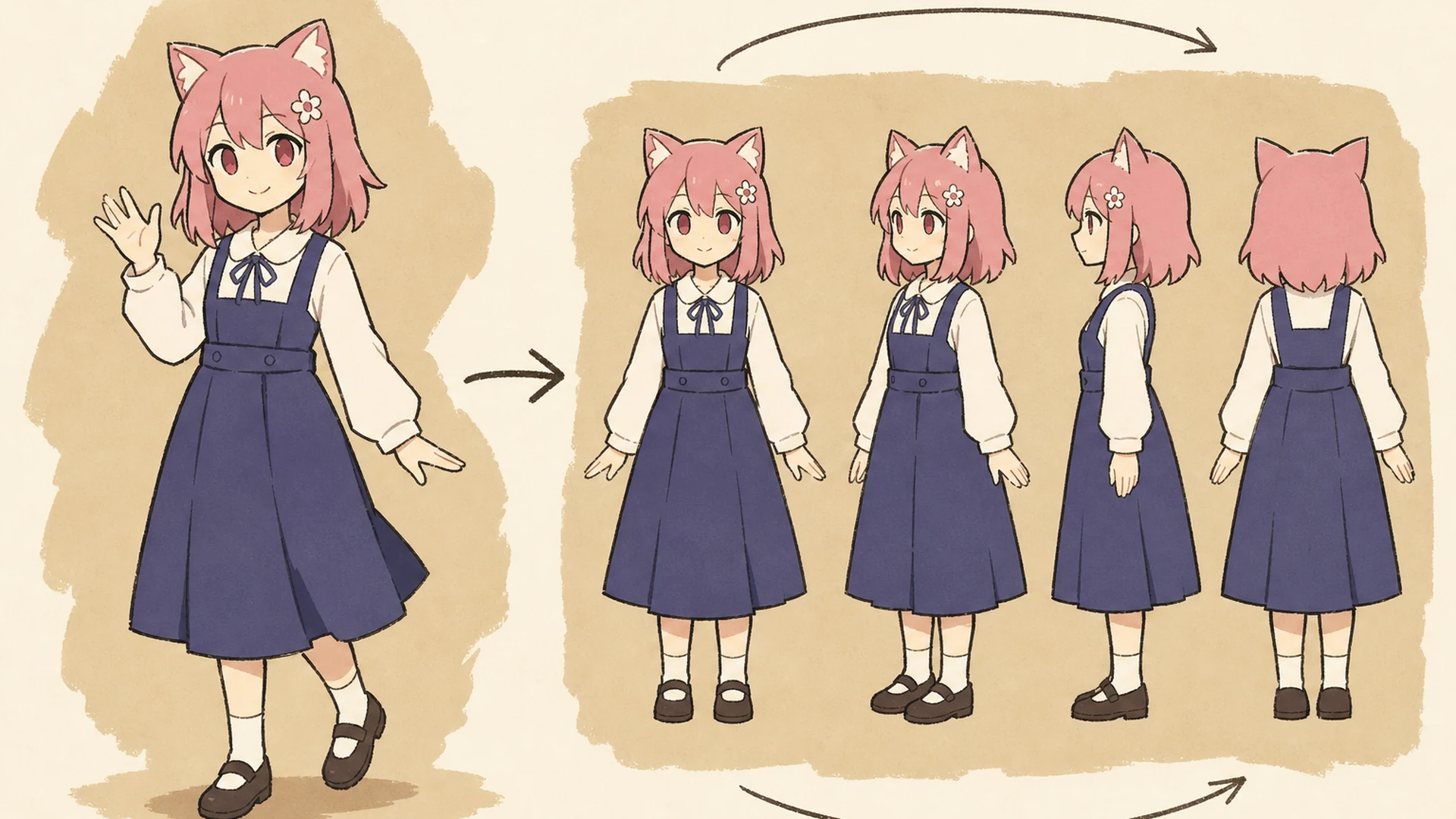 Create a 16:9 KusArt SEO visual band with no title, subtitle, paragraph, body copy, watermark, labels, or decorative pseudo-text. Follow the approved 40/60 composite template: on the left, the fixed pink-haired anime mascot points from one source portrait toward icon-only pastel angle cues; on the right, a large rounded white card shows a clean production character turnaround where face, hairstyle, outfit construction, palette, proportions, and accessories remain consistent. Clean modern Niji anime style, crisp lineart, soft cel shading, pale warm-white background, #ff4fa3 arrows and accents, one small sky-blue accent, uncluttered editorial spacing, no photorealism, 3D render, thick paint, neon, deep purple, harsh shadows, messy background, extra characters, or gibberish text.