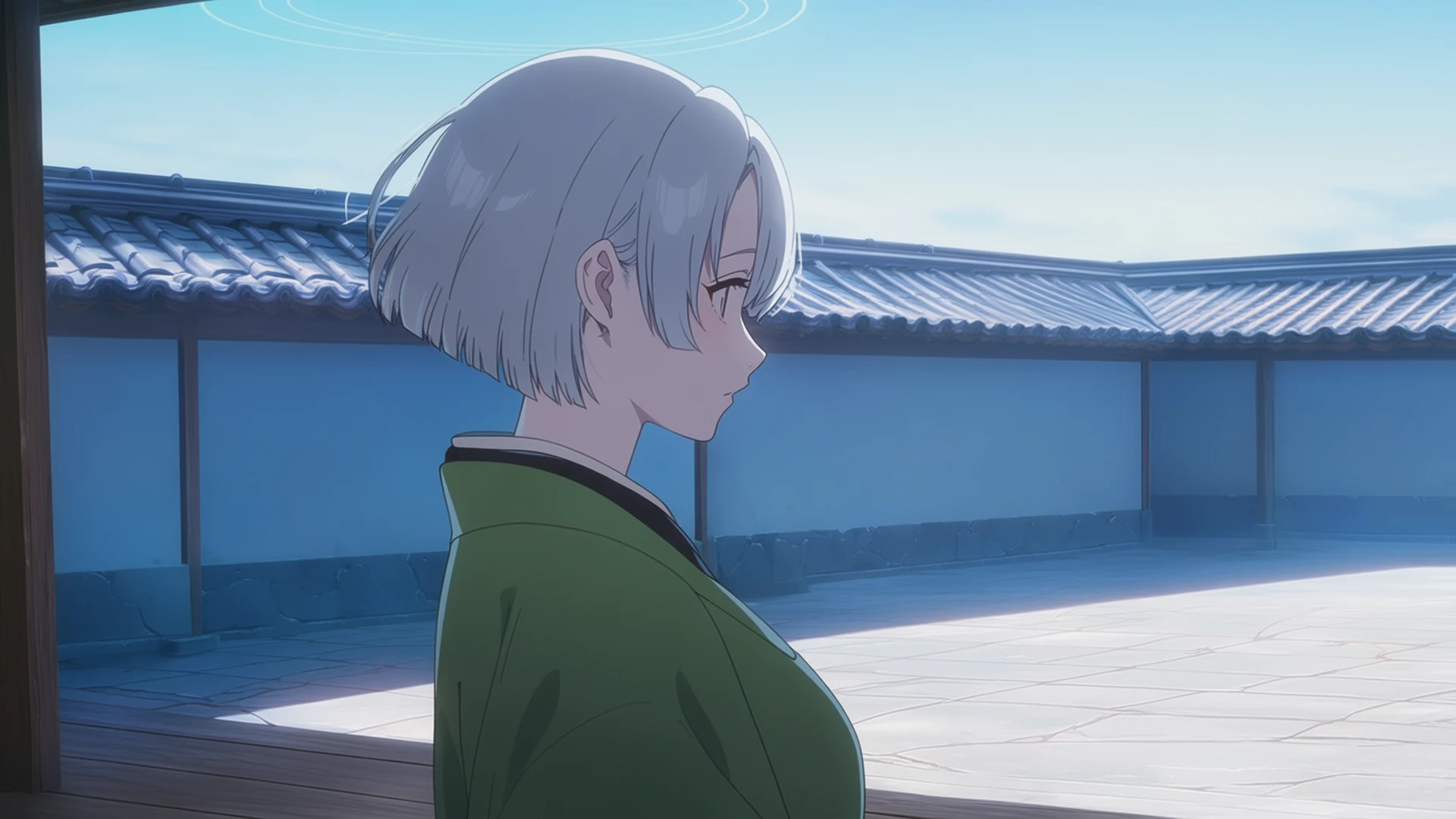 An anime girl with short silver hair in a green haori standing in a sunlit traditional courtyard