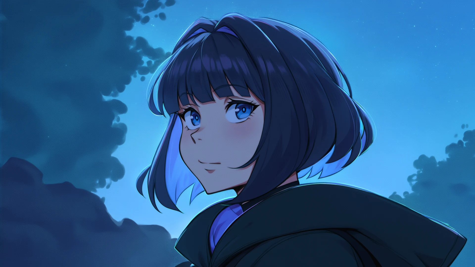 A portrait of an anime character with dark blue bobbed hair against a moonlit cloudy sky