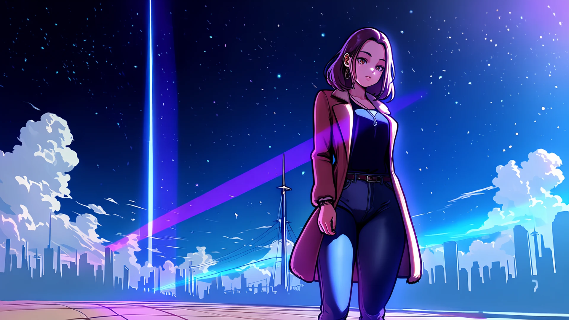 An anime character in a red coat walking through a neon-lit night cityscape under a starfield