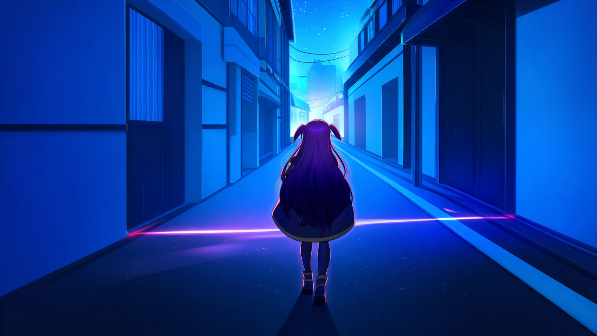 An anime character walking away down a deep blue neon-lit alley at night