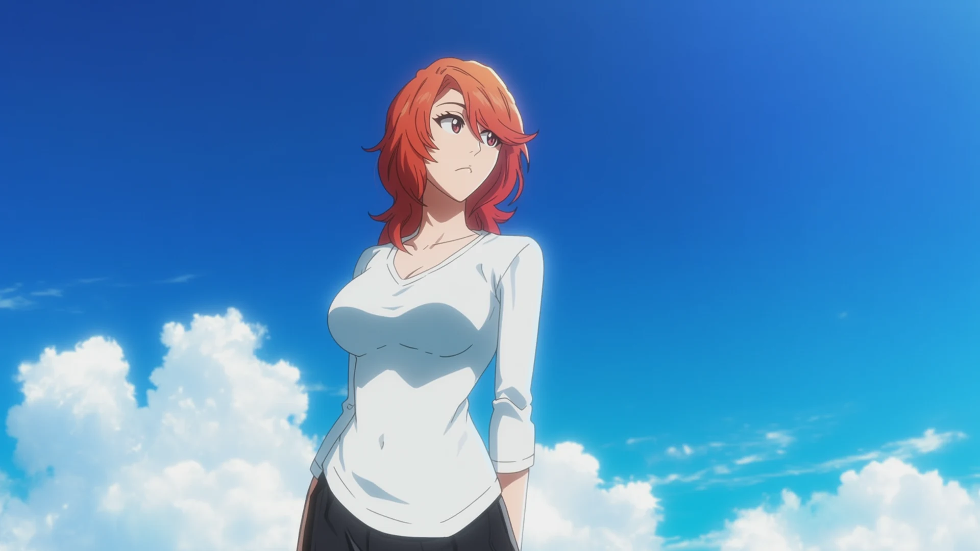 An anime character with orange hair standing against a bright blue sky and clouds