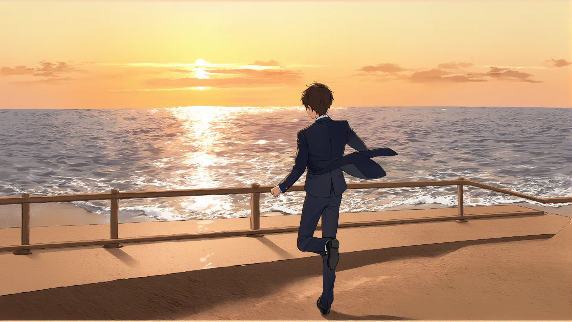 A student runs along a seaside boardwalk at sunset with the sea glittering behind him