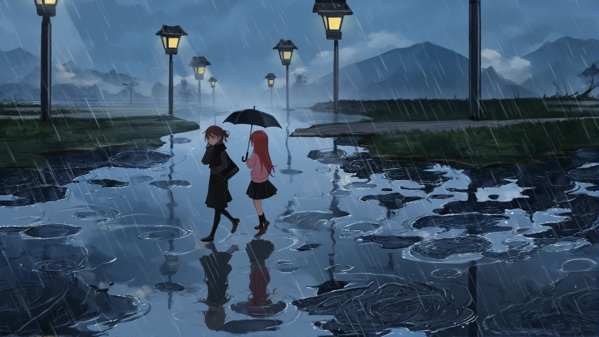 Two friends share an umbrella on a rainy street, streetlights reflected in the puddles