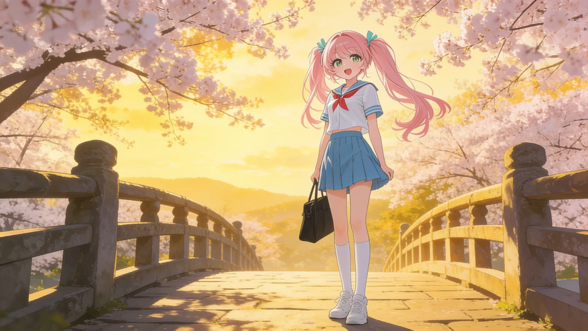 An anime girl on a wooden bridge under blooming cherry trees at golden hour, generated from a character reference