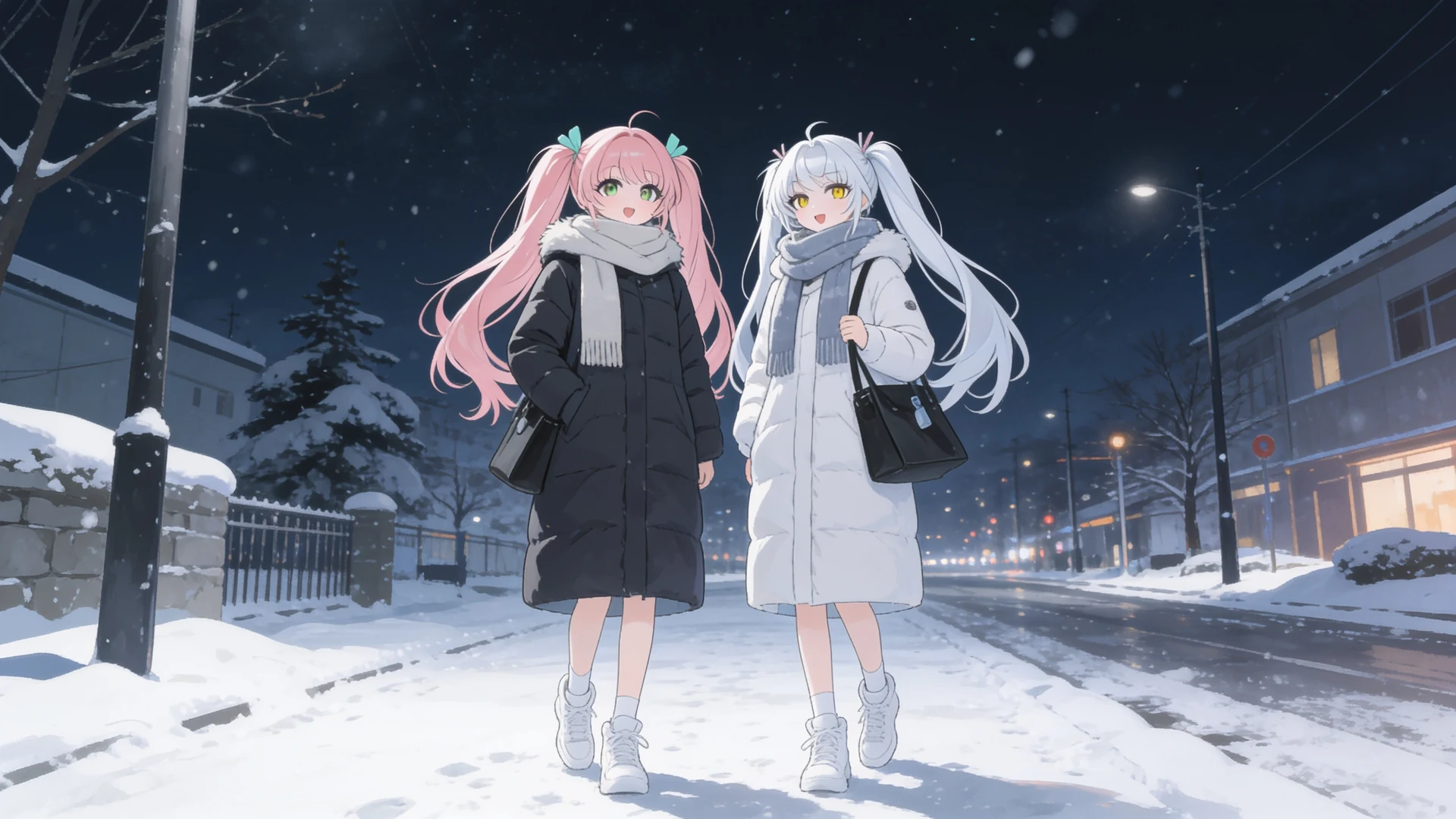 Two anime characters in winter coats on a snowy street at night, generated from a character reference